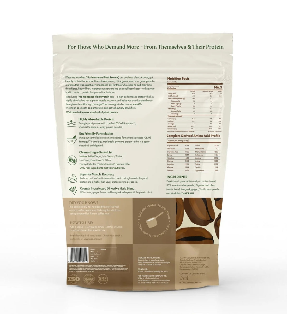 Protein Powder | Malnad Arabica Coffee Pro (Made Using finest Arabica Coffee Beans)  - 26gm Protein Per Serving - Vegan, Gluten Free, Soy Free, No Trans Fat, No Added Sugar, Gums, Enzymes &amp; No Added Artificial Flavours - Cosmix -500gm