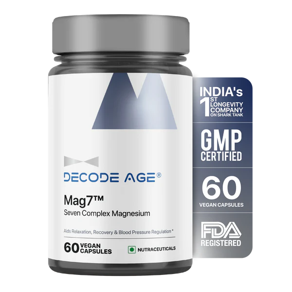 MAG7 |  Seven Complex Magnesium - Aids Relaxation, Recovery &amp;amp; Blood Pressure Regulation - Vegan, Gluten Free, Soy Free, Sugar Free, Non GMO &amp;amp; No Artificial Sweeteners - Decode Age - 60 Capsules