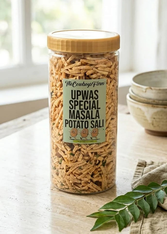 Masala Potato Sali - Upwas (Fasting) Special Snacks - Navratri Special Snacks - No Onion, No Garlic-No Palm Oil, No Msg & Preservatives Free – The Cow Boys Farm - 300gm