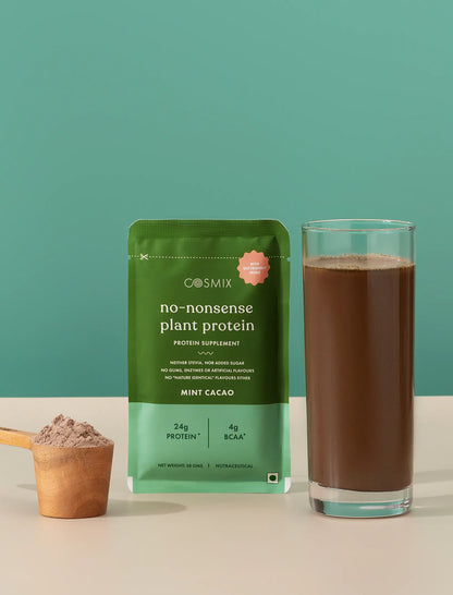 Protein Powder | Mint Cacao (Sachet)  Plant Protein (24gm Protein Per Serving) – No Nonsense -  Vegan, Gluten Free, Soy Free, No Trans Fat, No Added Sugar, Gums, Enzymes &amp; No Added Artificial Flavours – Cosmix – 38gm