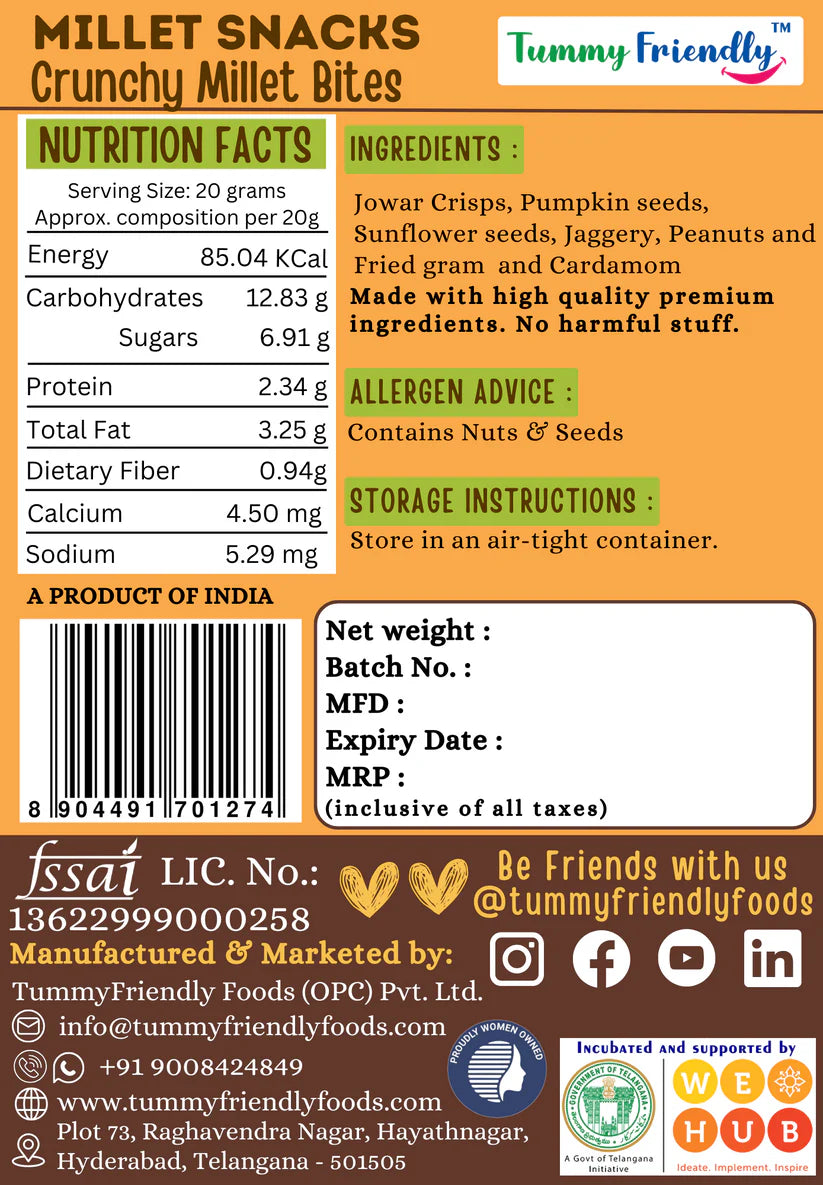 Millet Snacks | Crunchy Millet Bites  – No Preservatives, No Chemicals, No Added Sugar, No Palm Oil – Tummy Friendly – 70gm