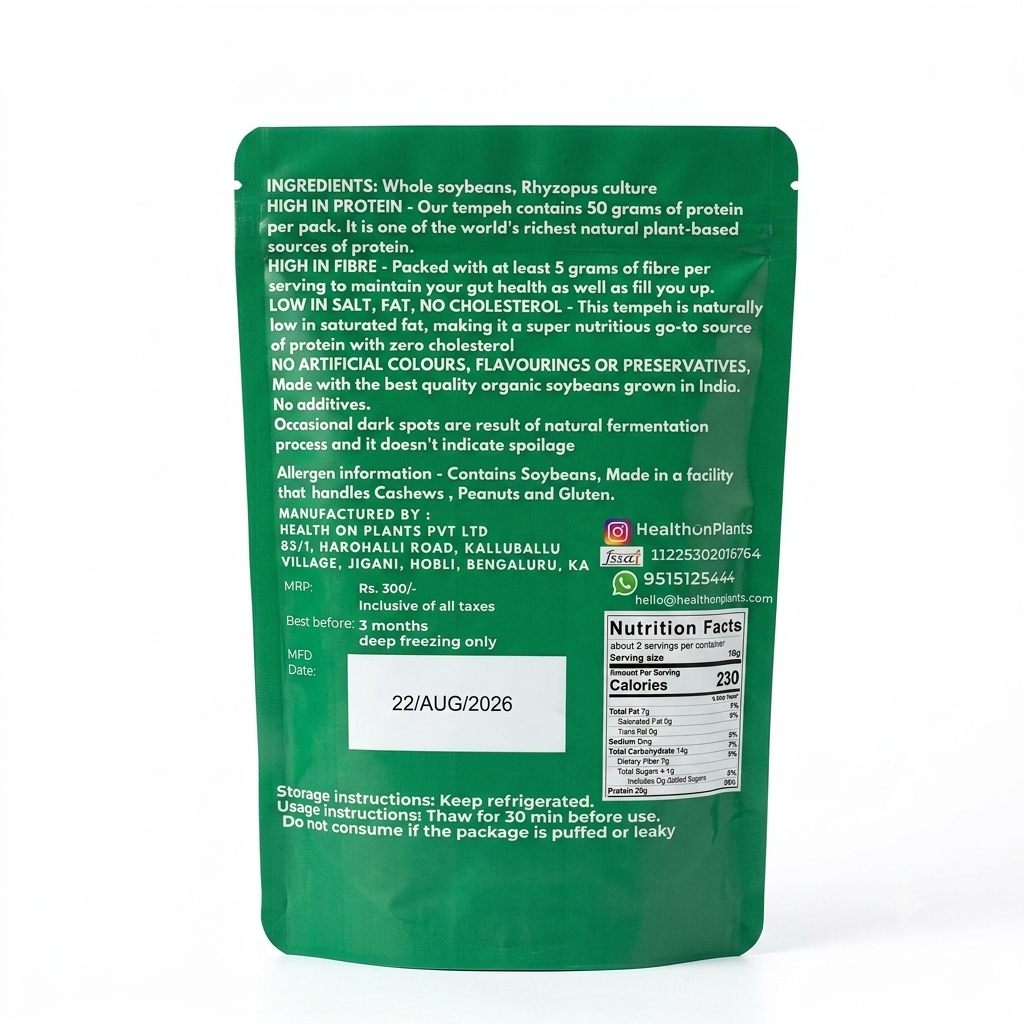Tempeh | Made From Organic Soya Beans - 50gm Protein Per Pack - Fermented Superfood - Natural - Vegan &amp; Gut Friendly-No Preservatives - Health On Plants - 175gm