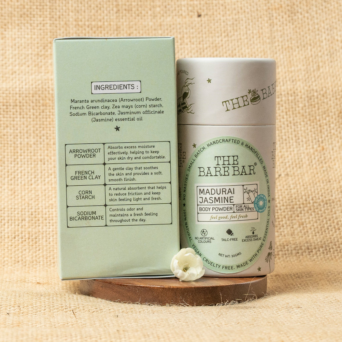 Body Powder | Madhurai Jasmine Body Powder (With Arrowroot Powder) - For All Skin Types - Talc Free, No Artificial Fragrances & Paraben Free - The Bare Bar – 30gm