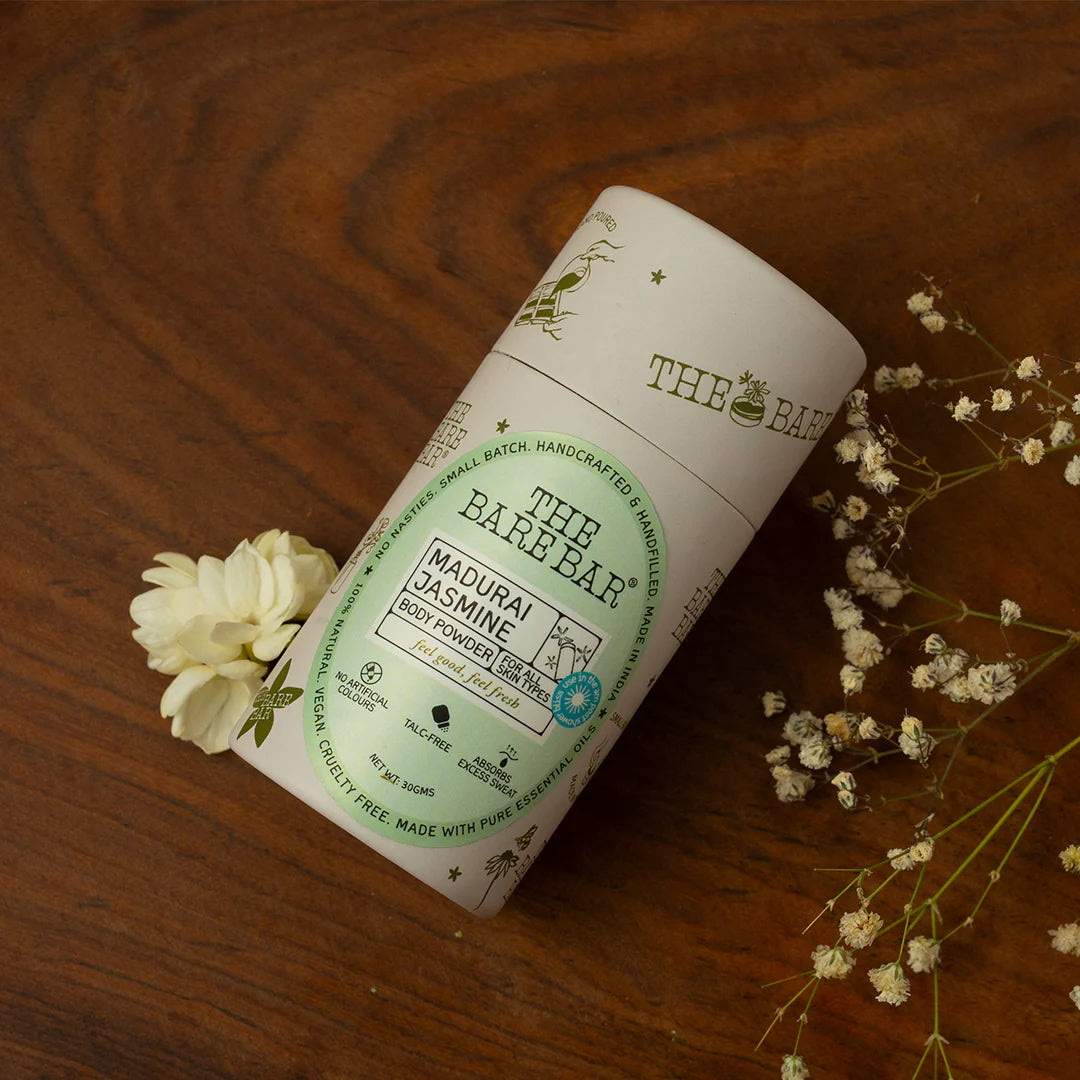 Body Powder | Madhurai Jasmine Body Powder (With Arrowroot Powder) - For All Skin Types - Talc Free, No Artificial Fragrances & Paraben Free - The Bare Bar – 30gm