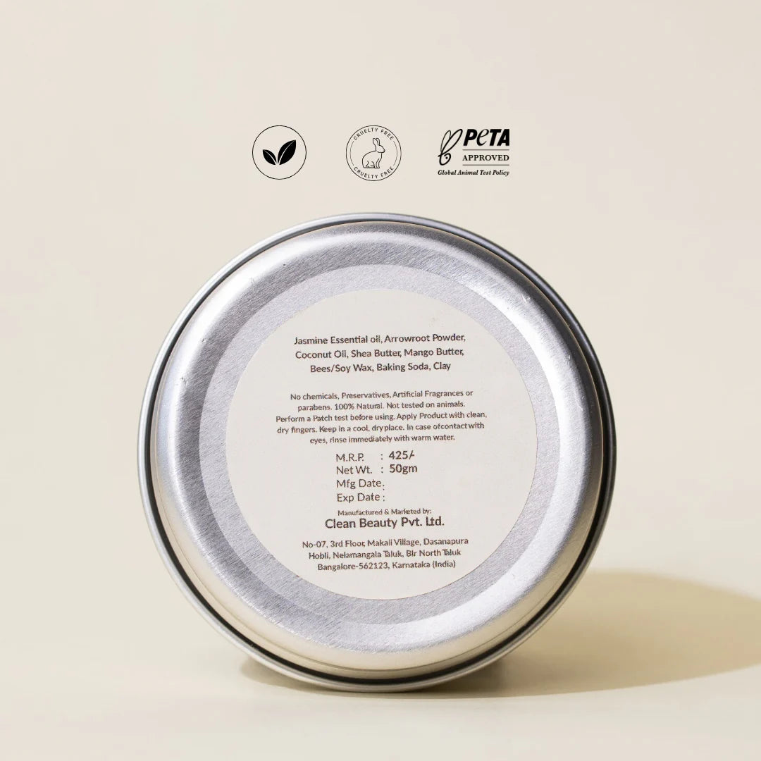 Deodorant | Madurai Jasmine Deodorant – Vegan, No Artificial Fragrances, Paraben Free & No Added Preservatives – The Bare Bar – 60gm