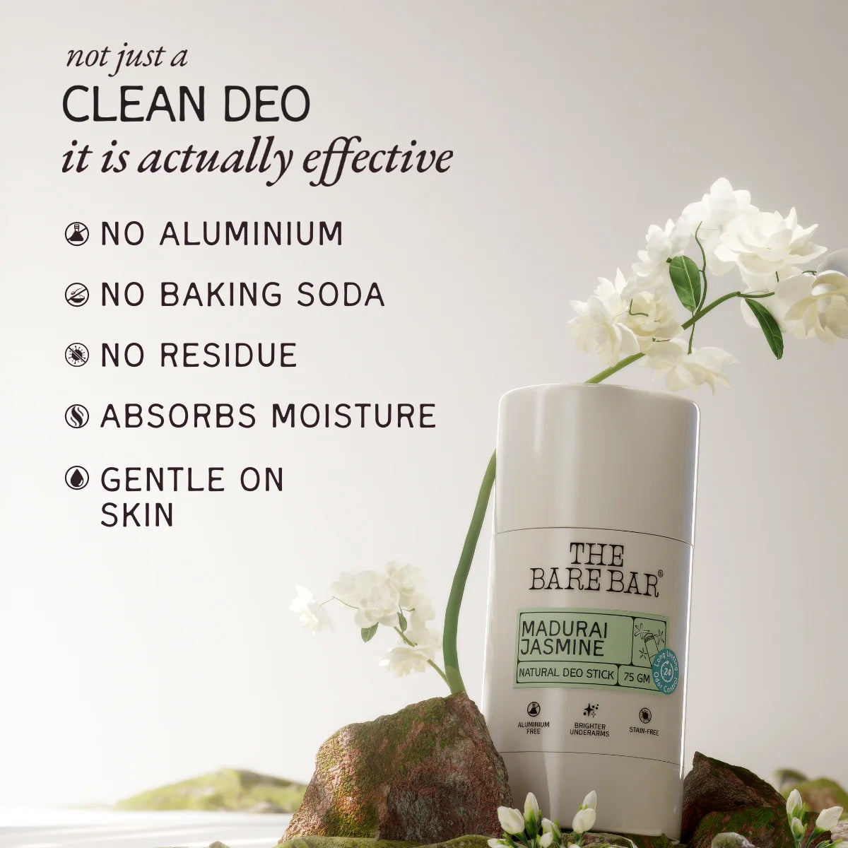 Deodorant | Madurai Jasmine Deodorant (Deo Stick) – Vegan, No Artificial Fragrances, Paraben Free &amp;amp; No Added Preservatives – The Bare Bar – 75gm