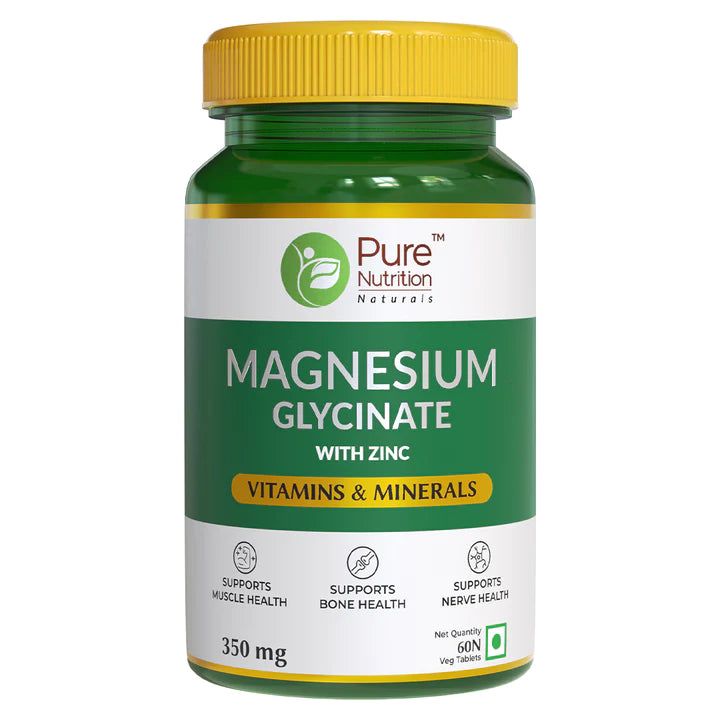 Magnesium Glycinate | (With Zinc) - Vitamin & Minerals - Support Bone, Muscle & Nerve Health - Pure Nutrition - (350mg) - 60 Capsules