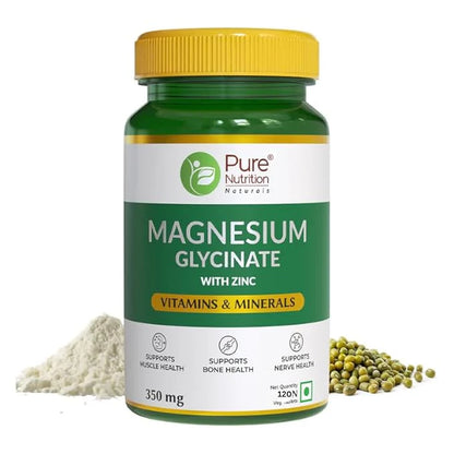 Magnesium Glycinate | (With Zinc) – Vitamin &amp; Minerals – Support Bone, Muscle &amp; Nerve Health – Pure Nutrition – (350mg) – 120 Veg Tablets