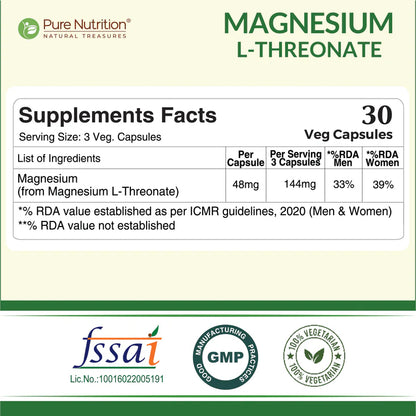 Magnesium L-Threonate | Supports Brain Function, Memory &amp; Stress Relief – Pure Nutrition – 48mg – 30 Veg Capsules