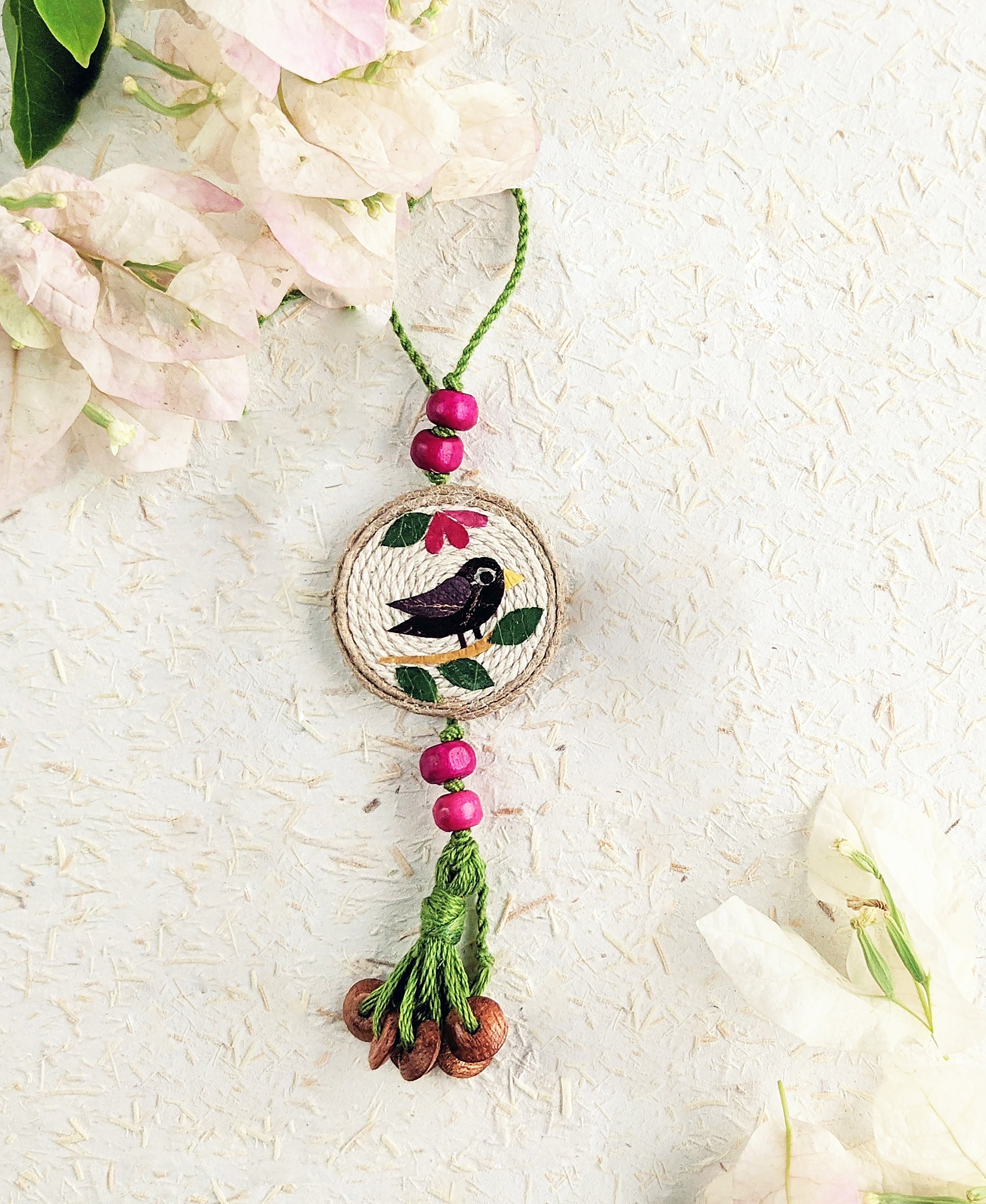 Rakhi | Maina Lumba (Made From Cotton, Jute, Wooden beads &amp; With Pressed Flower Petals) – Handcrafted – Eco Friendly – Nature’s Soul - Single Piece