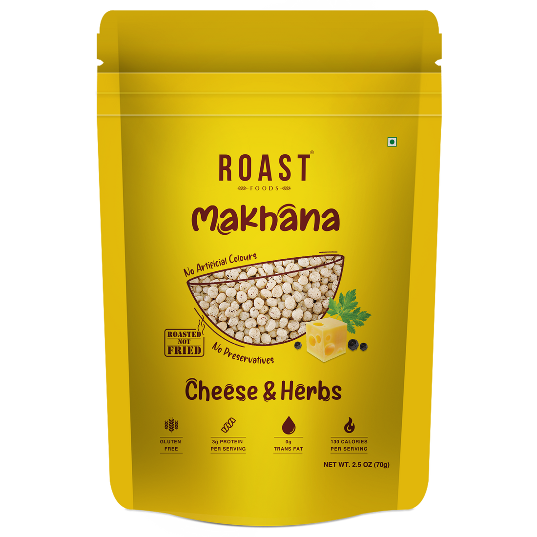 Makhana | (Cheese & Herbs) – 3g Protein Per Serving – Roasted – Not Fried – Gluten Free, No Added Artificial Colour, Trans Fat Free & No Added Preservatives – ROAST FOODS – 70gm