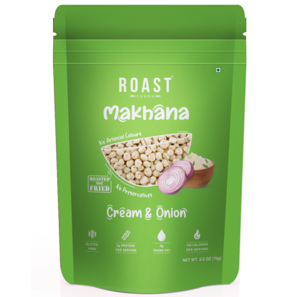 Makhana | (Cream & Onion) – 3g Protein Per Serving – Roasted – Not Fried – Gluten Free, No Added Artificial Colour, Trans Fat Free & No Added Preservatives – ROAST FOODS – 70gm