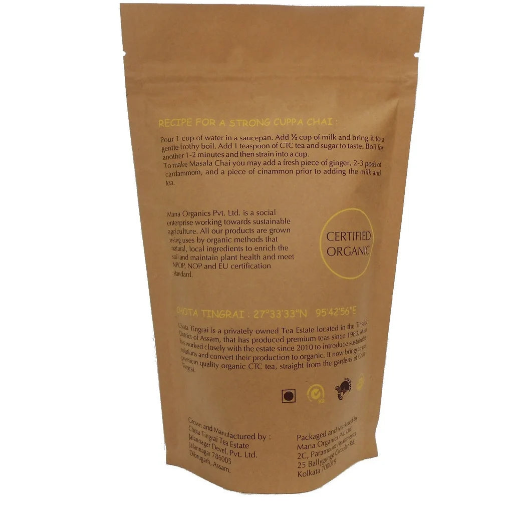 Tea | Organic Assam CTC (Chota Tingrai)  -USDA Organic-Authentic Indian Chai Featuring Assam Tea-No Preservatives- Mana - 200gm