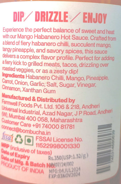 Sauce | Mango Habanero Hot Sauce (Made With All Natural High Quality Ingredients) - Lacto Fermented - No Flavour Enhancer, No Artificial Colors &amp;amp; No Added Preservatives - Bombucha - 230gm