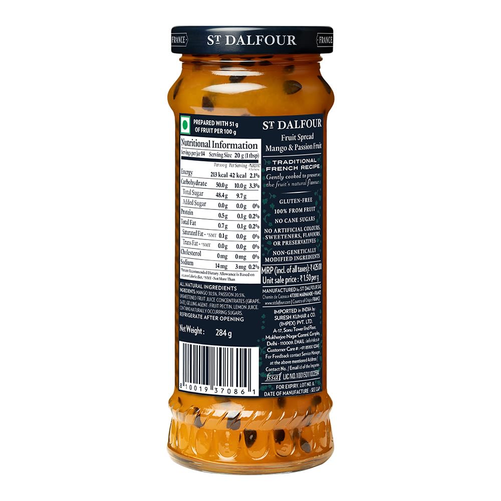 Mango &amp;amp; Passion Fruit Jam – Sweetened Only With Vineyard Ripened Grape &amp;amp; Fruit Juices – Dalfour – 284gm