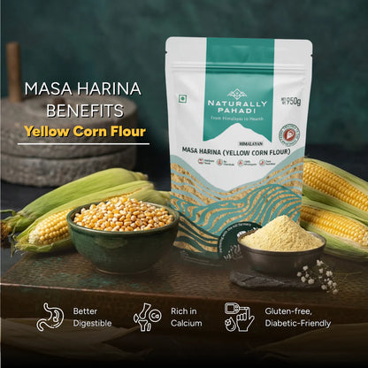 Flour | Masa Harina Nixtamalized ( Yellow Corn Flour) - Gluten-free, Diabetic-Friendly, Better Digestion- Made From Himalayan Corn -  No Added Preservatives - Naturally Pahadi - 950gm