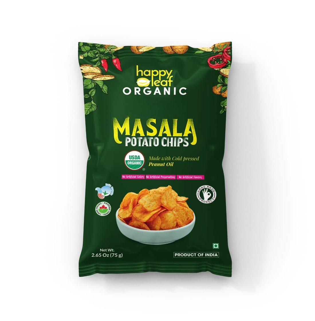 Chips | Masala Potato Chips (Made With Cold Pressed Peanut Oil) - USDA Organic – No Artificial Color & No Artificial Preservatives – Happy Leaf – 75gm