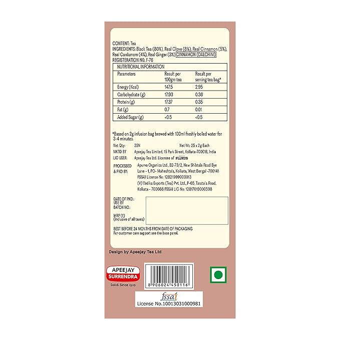 Tea | Delicious Masala Chai -Spiced Assam Blend - Flurys - 25 Tea Bag