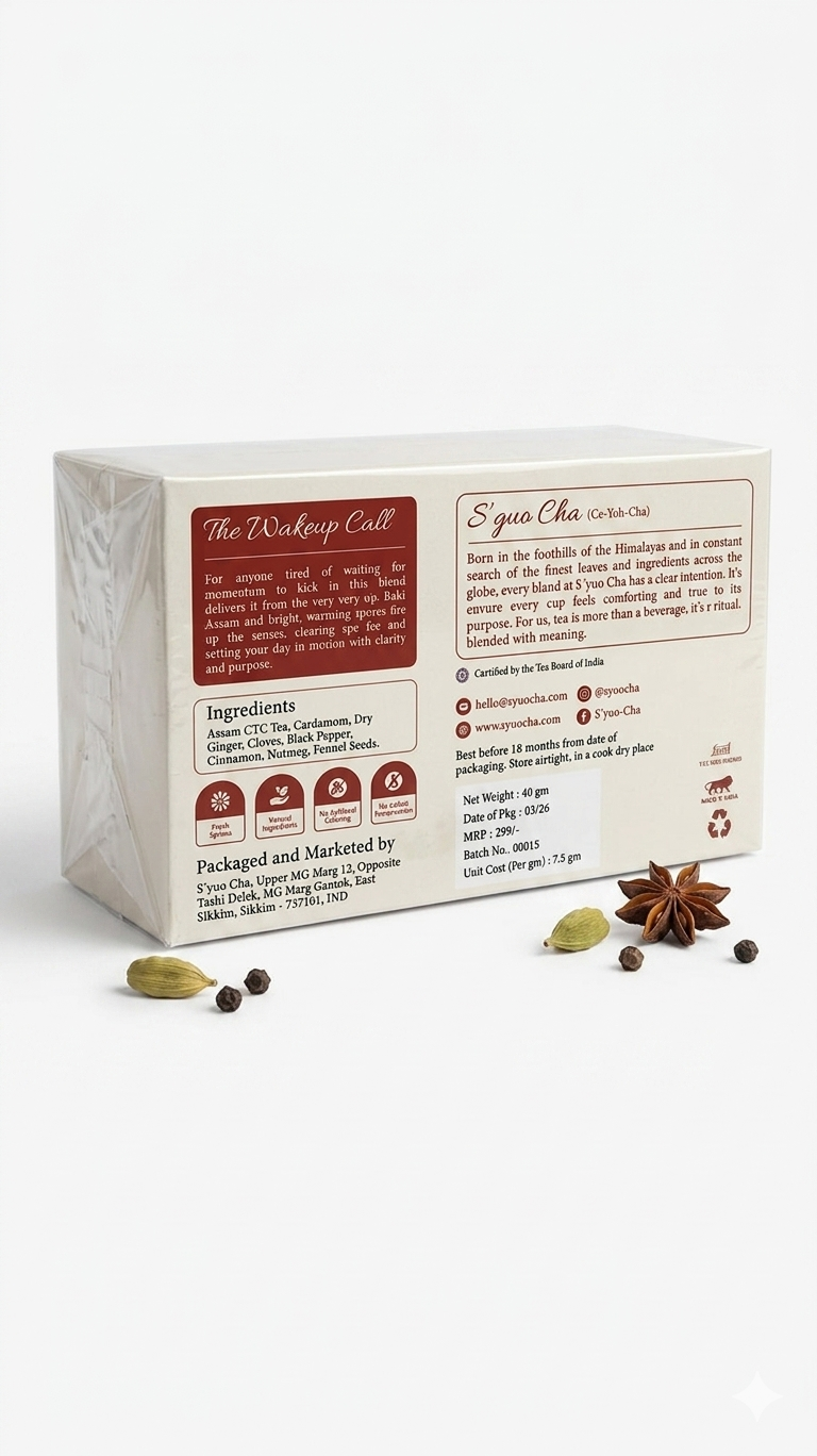 Tea | Masala Chai Tea (The Wakeup Call)- Blend For Instant Energy , Fresh Aroma - No Side Effects-No Artificial Coloring- No Added Preservatives - Syuo Cha - 40gm (20 Bags)