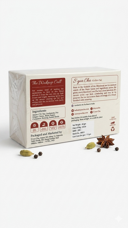 Tea | Masala Chai Tea (The Wakeup Call)- Blend For Instant Energy , Fresh Aroma - No Side Effects-No Artificial Coloring- No Added Preservatives - Syuo Cha - 40gm (20 Bags)