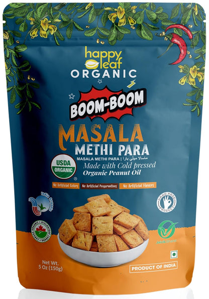 Para | Masala Methi Para - USDA Organic - Made With Cold Pressed Organic Peanut Oil - No Artificial Colors, No Artificial Preservaies Or Flavours - Happy Leaf - 95gm