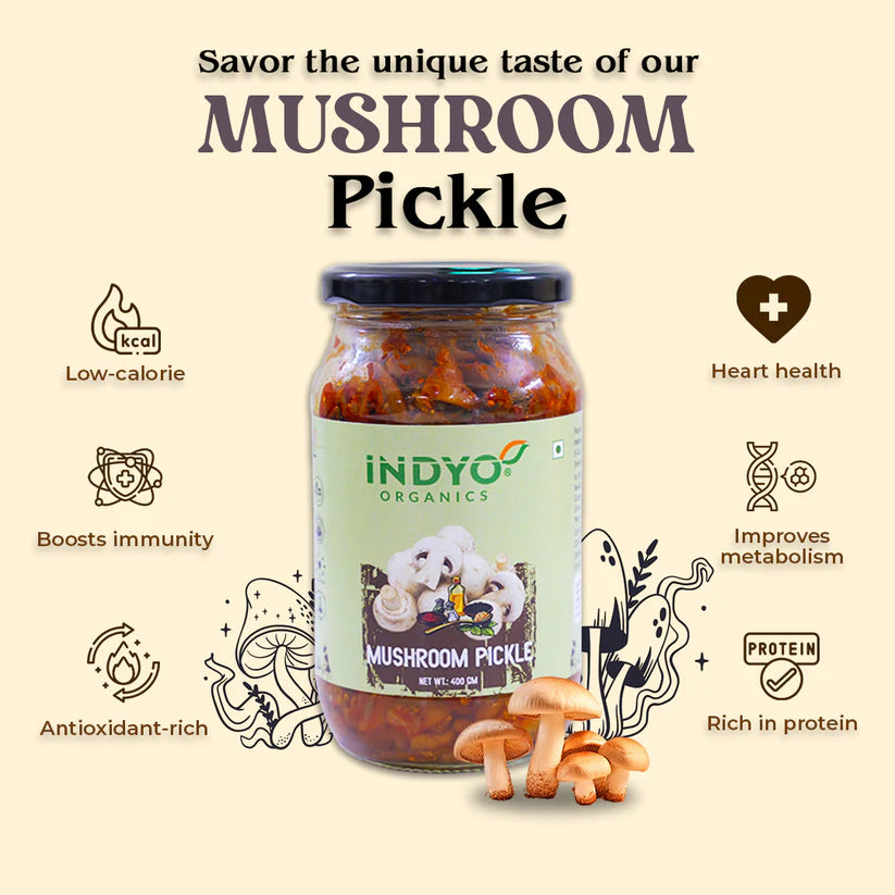Pickle | Mushroom - Certified Organic - Sun Dried - Cold Pressed Oil &amp; Preservatives Free - Indyo Organic - 400gm