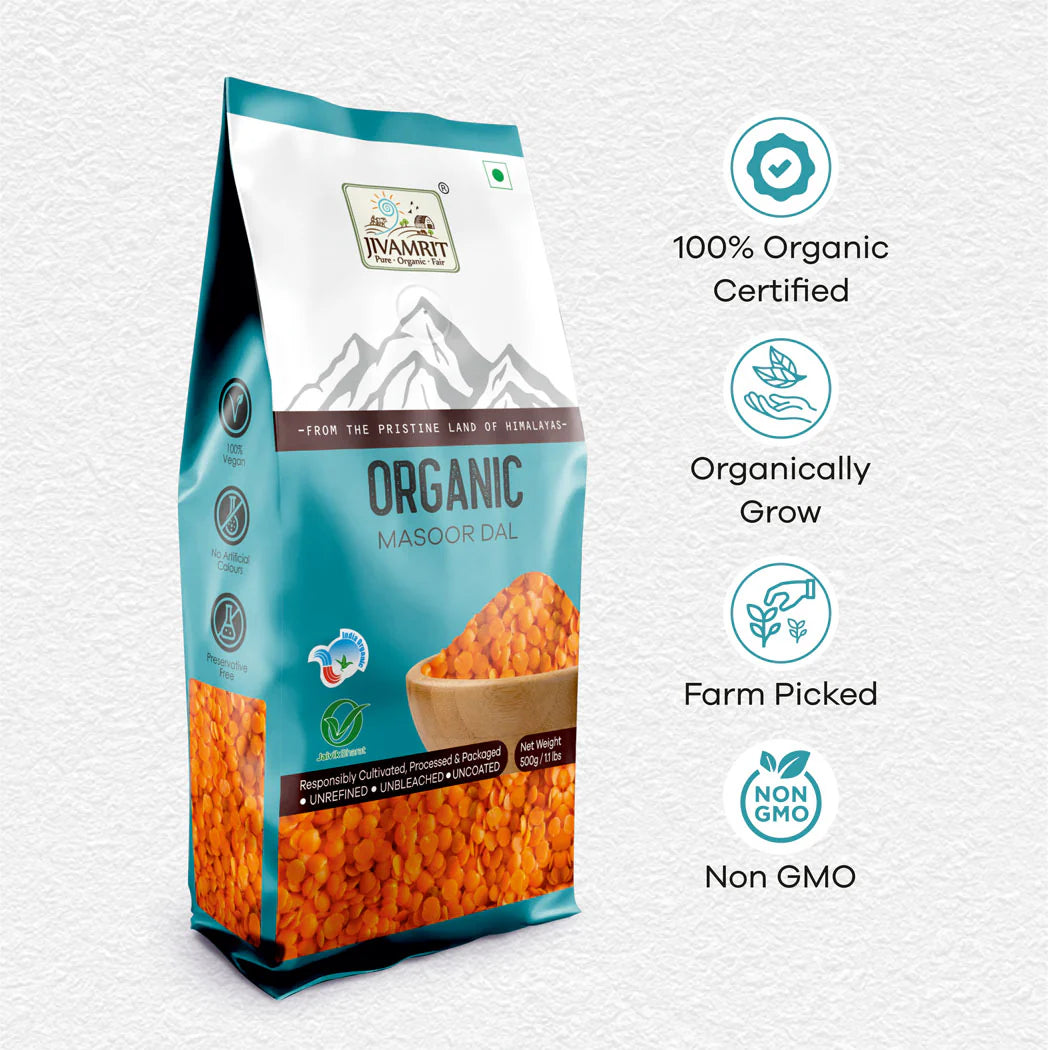 Masoor Dal | Organic Masoor Dal -100% Vegan, Unpolished, Gluten Free - No Pesticides - Jivamrit – 500gm