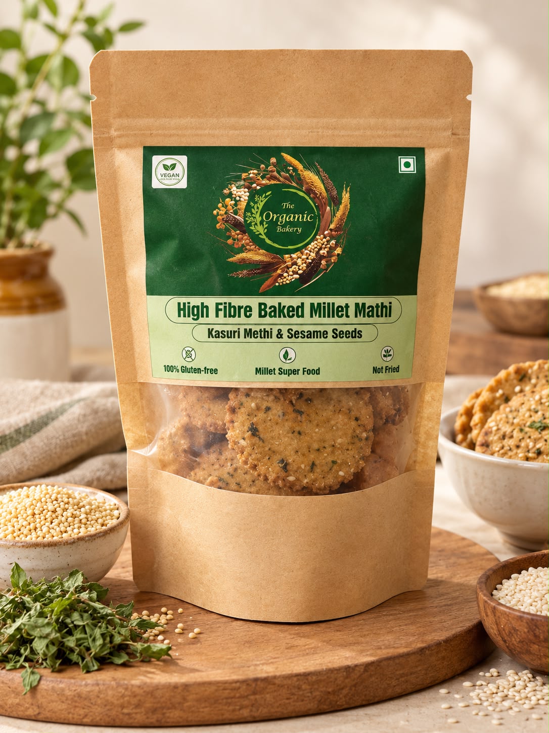 Millet Mathi | High Fibre Baked Millet Mathi - Gluten Free -Lo Gi , High Antioxidants-No preservatives- The Organic Bakery - 120gm
