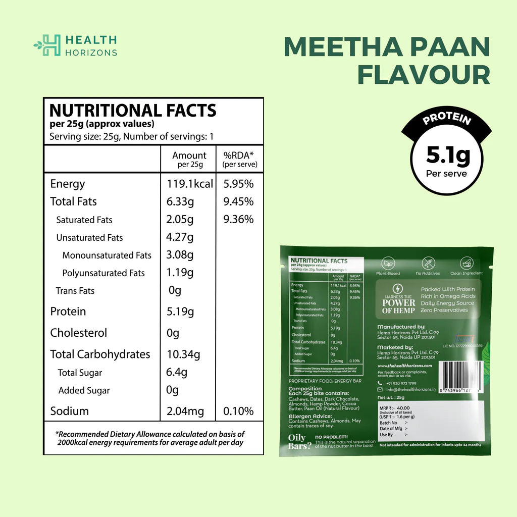 Plant Protein Bite | Hemp - Nuts - Paan - 100% Natural - Vegan, No Added Sugar, Soy Free &amp; No Additives - Health Horizon - 25gm