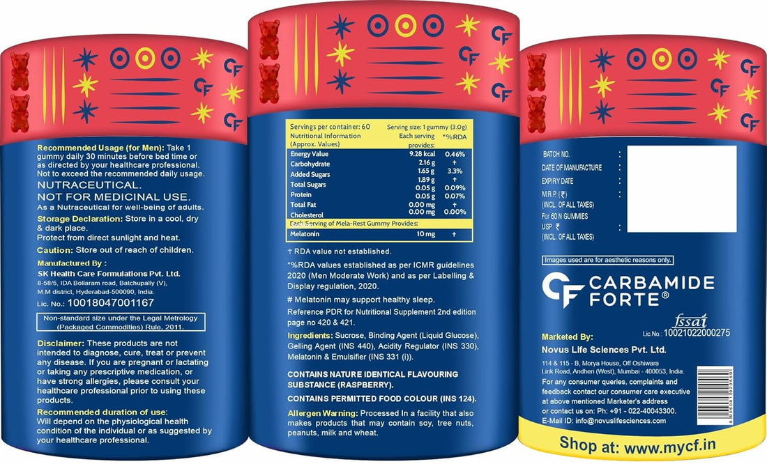 Gummies | Melatonin 10mg Gummies - Raspberry Flavour - Sleep Supports &amp; Restful Sleep - For Men And Women - No Added Sugar - Carbamide Forte - 60 Gummies