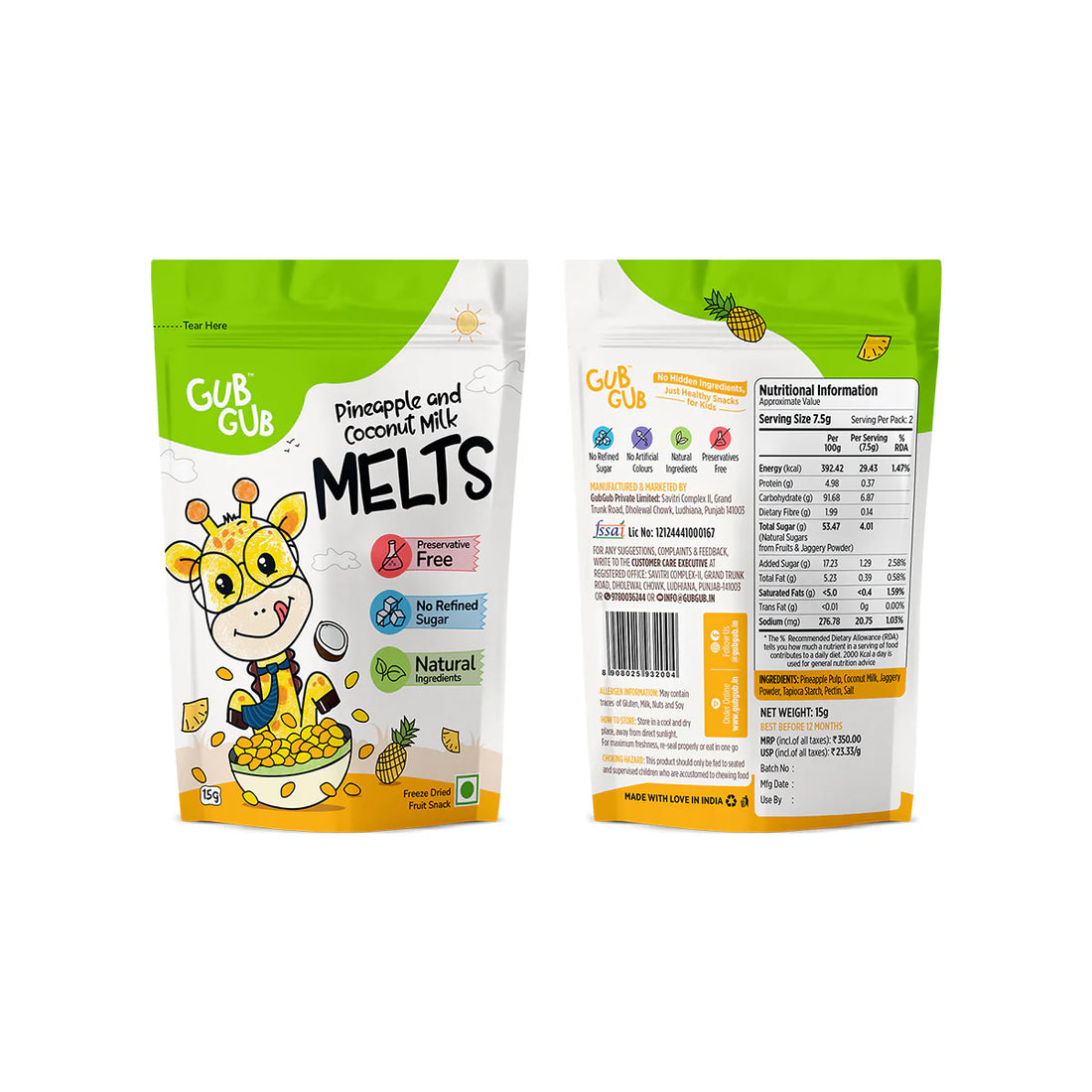 Melts | Pineapple & Coconut Milk Melts - Freeze Dried Fruit Snack - 12+ Months – All Natural Ingredients – No Added Preservatives & No Refined Sugar – GUB GUB – Pack Of 1