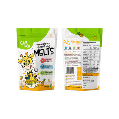 Melts | Pineapple &amp; Coconut Milk Melts - Freeze Dried Fruit Snack - 12+ Months – All Natural Ingredients – No Added Preservatives &amp; No Refined Sugar – GUB GUB – Pack Of 1