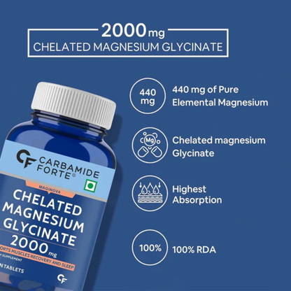 Chelated Magnesium Glycinate | Maginova - Supports Muscles Recovery And Sleep - 100% Vegetarian - Gluten Free, Non GMO, Dairy Free, Soy Free &amp;amp; Paraben Free - Carbamide Forte - (2000mg) - 60 Tablets