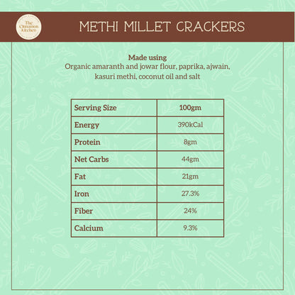 Methi Millet Crackers - Organic - Indian - Vegan, Gluten Free, Higher In Calcium, No Preservative, Refined Sugar Free &amp;amp; Pcos Friendly - The Cinnamon Kitchen - 100gm