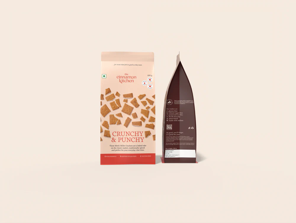 Crackers | Methi Millet Crackers (Made With Amaranth &amp; Jowar Flour, Kasuri Methi, Ajwain) - Crunchy &amp; Punchy - Organic - Vegan, Gluten Free, Higher In Calcium, No Preservative, Refined Sugar Free &amp; PCOS Friendly - The Cinnamon Kitchen - 100gm