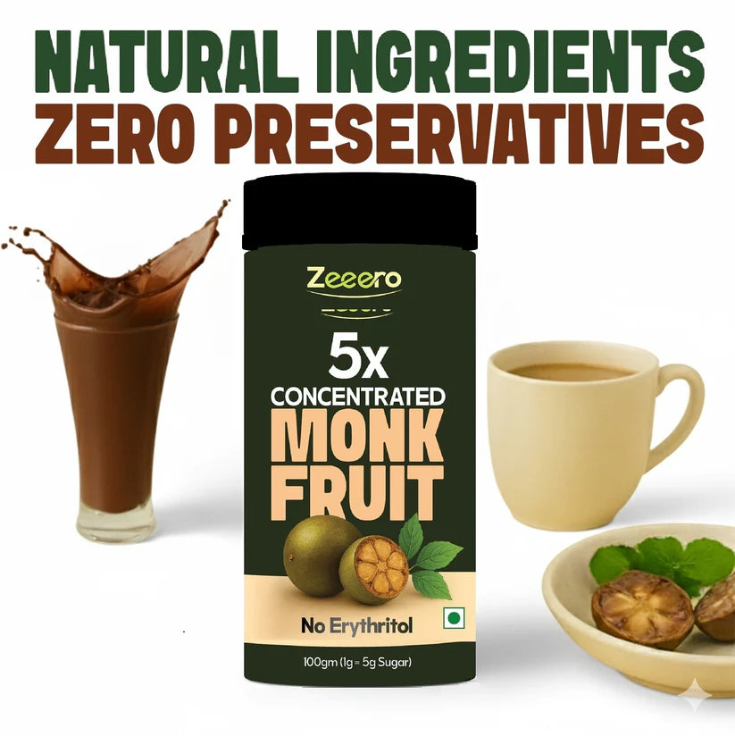 Monk Fruit 5X Sweetener with Allulose &amp;  Stevia - Sugar Free  -Zero Calorie, Sugar Free - No Added Preservatives, No Artificial sweeteners  -Zeeero - 100gm