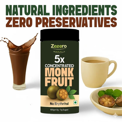Monk Fruit 5X Sweetener with Allulose &amp;  Stevia - Sugar Free  -Zero Calorie, Sugar Free - No Added Preservatives, No Artificial sweeteners  -Zeeero - 100gm