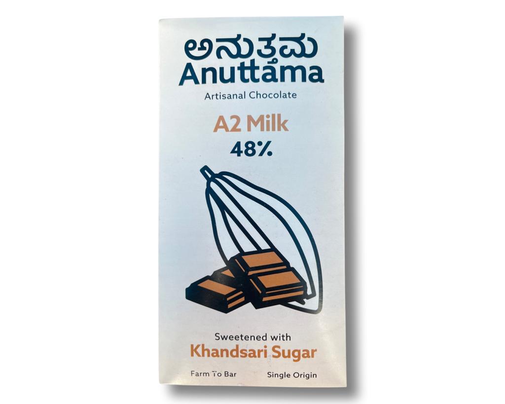 Milk Chocolate | A2 Milk (Sweetened With Khandsari Sugar) - Artisanal – Farm To Bar – Single Origin – No Artificial Flavors, Oils, Preservatives & Additives – Anuttama Artisanal Chocolate – 50gm