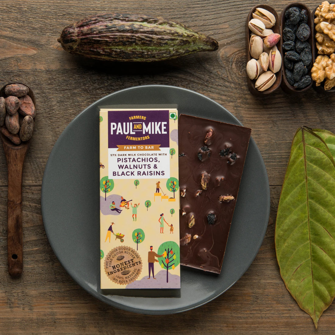 Milk Chocolate | 57% Dark Milk Pistachios Walnuts And Black Raisins Chocolate - Soy Free - Paul & Mike - 68gm