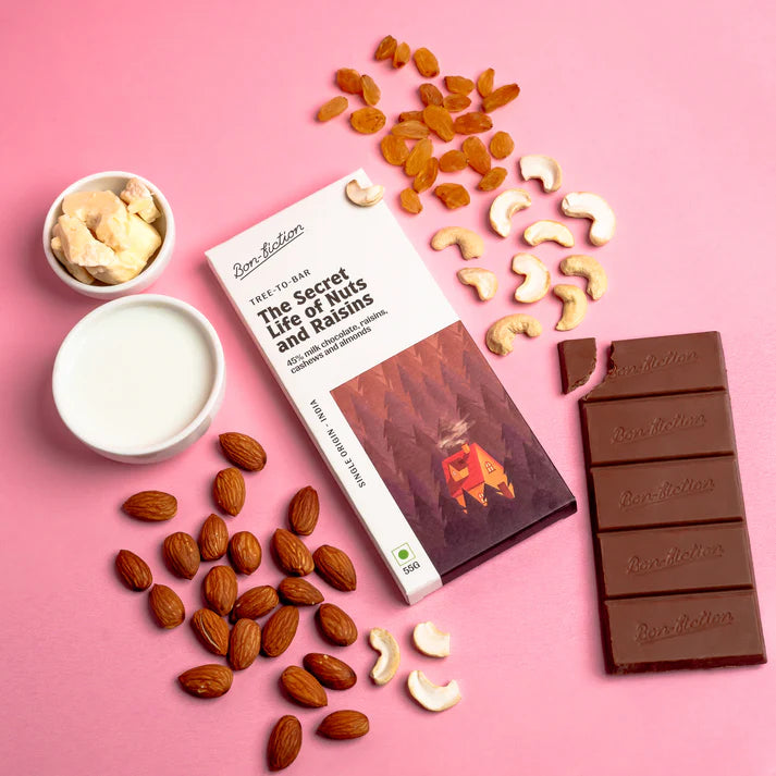 Milk Chocolate | The Secret Life of Nuts And Raisins – 45% Milk Fruit &amp; Nut Chocolate – Tree To Bar – Single Origin – 100% Natural – Vegan, Gluten Free, Palm Oil Free, Non GMO, No Artificial Flavour &amp; No Added Preservatives - Vegan – Bon-Fiction – 55gm