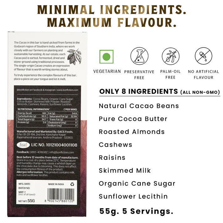 Milk Chocolate | The Secret Life of Nuts And Raisins – 45% Milk Fruit &amp; Nut Chocolate – Tree To Bar – Single Origin – 100% Natural – Vegan, Gluten Free, Palm Oil Free, Non GMO, No Artificial Flavour &amp; No Added Preservatives - Vegan – Bon-Fiction – 55gm