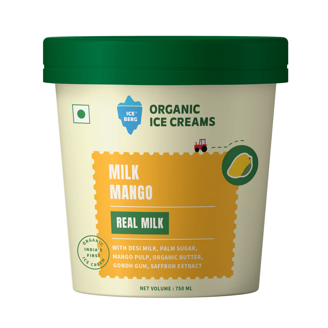 Ice Cream | Milk Mango Ice Cream (Made From Real Milk, Gondh Gum, Organic Butter, Milk Mango ) - Churned with authentic &amp; Real Ingredients - Iceberg Organic Ice Cream - 750ml