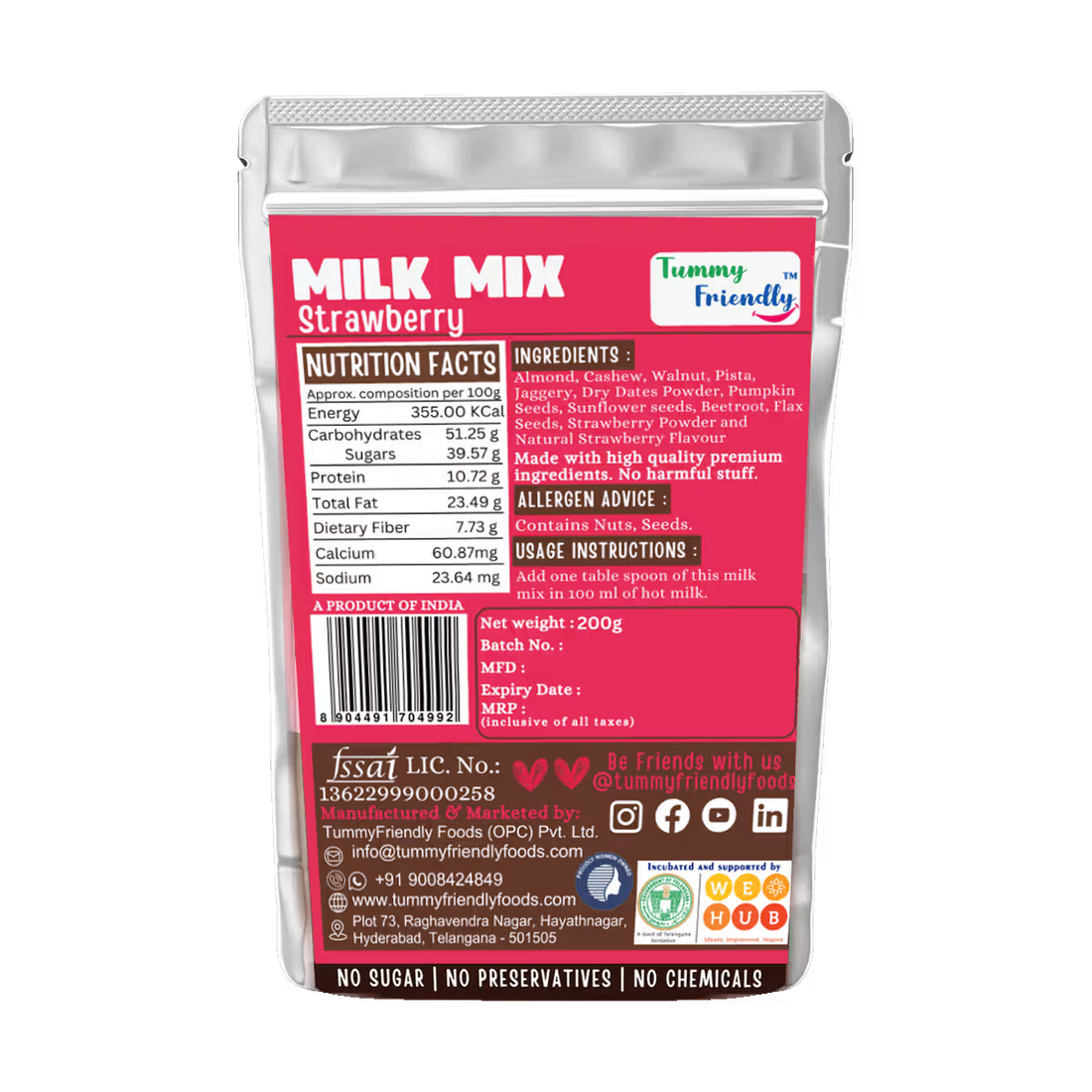 Milk Mix | Strawberry (Nuts &amp; Seeds)  - 100% Natural - No Sugar, Preservatives Free &amp; Chemical Free - Tummy  Friendly - 70gm
