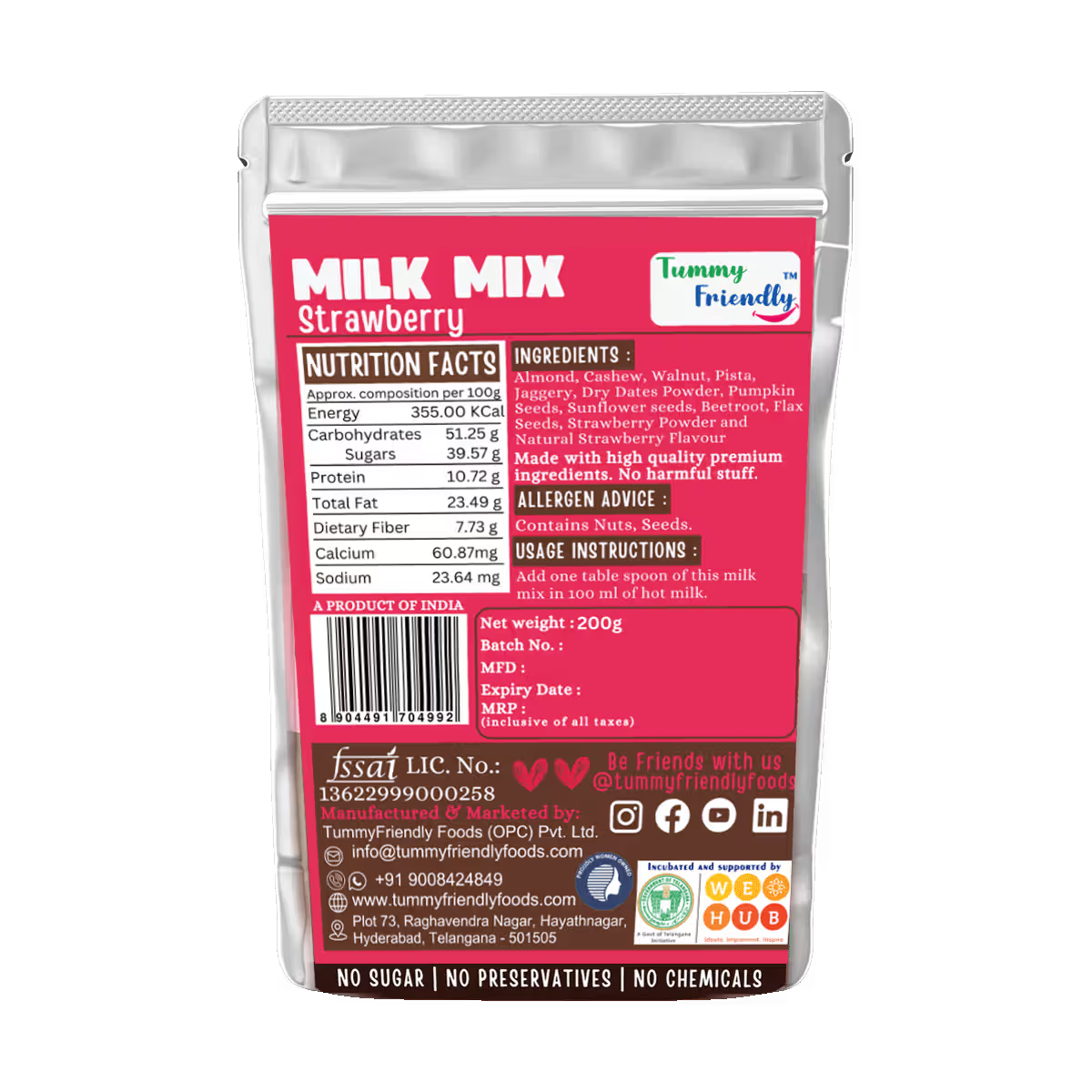 Milk Mix | Strawberry (Nuts &amp; Seeds)  - 100% Natural - No Sugar, Preservatives Free &amp; Chemical Free - Tummy  Friendly - 70gm