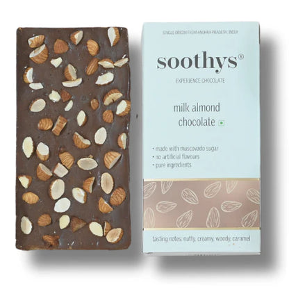 Chocolate | Almond Milk Craft Chocolate Bars (46% Cocoa)-Nutty, Creamy, Woody, Caramel -No Palm Oil , No artificial flavors or emulsifiers - Soothys - 88gm