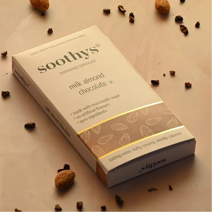 Chocolate | Almond Milk Craft Chocolate Bars (46% Cocoa)-Nutty, Creamy, Woody, Caramel -No Palm Oil , No artificial flavors or emulsifiers - Soothys - 88gm