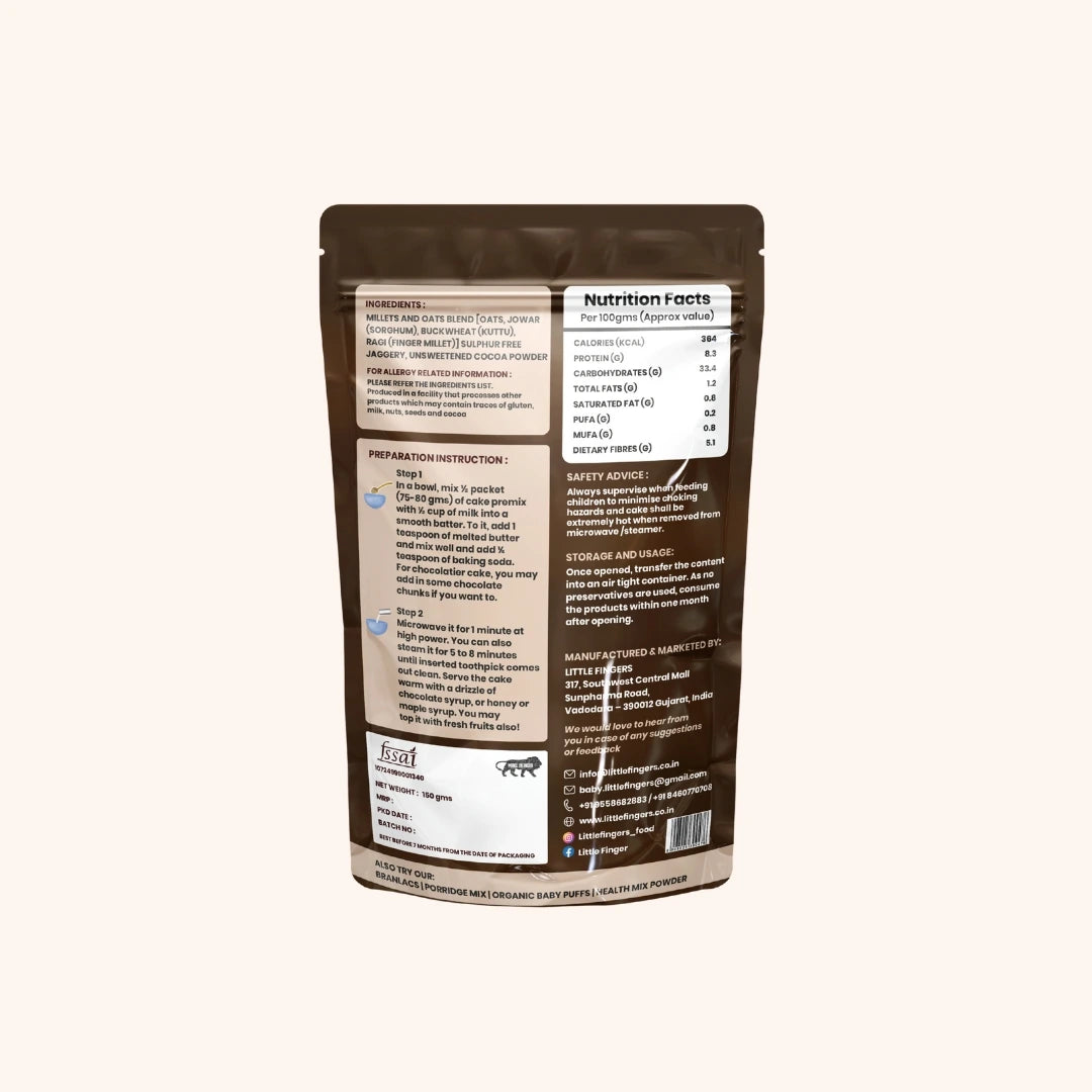 Cake Mix | Chocolate Flavoured Millet Cake Premix (Made With Oats, Jowar, &amp; Buck Wheat) - Vegan , Gluten Free- No Refined Sugar, No Maida &amp;amp; No Preservatives – Little Fingers – 150g