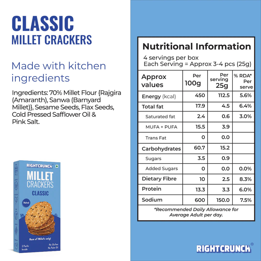 Millet Cracker - Classic - 100% Millet Based Snack - Baked - Gluten Free - Right Crunch - 100gm
