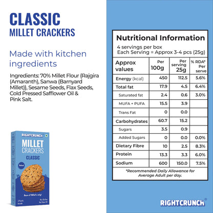 Millet Cracker - Classic - 100% Millet Based Snack - Baked - Gluten Free - Right Crunch - 100gm