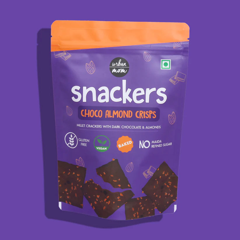Millet Cracker | Choco Almond Crisps - (With Dark Chocolate & Almonds) - Snackers - Baked - Vegan, Gluten Free, No Maida & No Refined Sugar - Urban Mom - 100gm